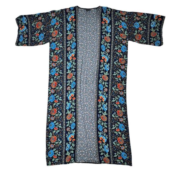Coco Carmen Long Kimono S/M Blue Floral Open Hippie Boho Cover Up Cottagecore - Picture 4 of 12